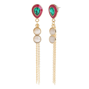 Emerald/Ruby Colored Teardrop Pearl Chain Earrings