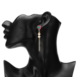 Emerald/Ruby Colored Teardrop Pearl Chain Earrings