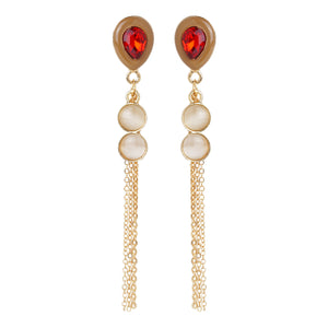 Emerald/Ruby Colored Teardrop Pearl Chain Earrings