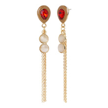 Load image into Gallery viewer, Emerald/Ruby Colored Teardrop Pearl Chain Earrings
