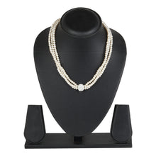 Load image into Gallery viewer, Three-Strand Faux Pearl Necklace with Crystal-Paved Sphere Centerpiece