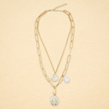 Load image into Gallery viewer, Gold-Plated Layered Paperclip &amp; Coin Pendant Necklace with Baroque Pearl Accent