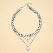 Load image into Gallery viewer, Silver-Toned Layered Cuban Chain &amp; Heart Pearl Pendant Necklace