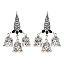 Load image into Gallery viewer, Oxidised Silver Leaf Motif Triple Jhumka Earrings with Green Accents