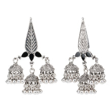 Load image into Gallery viewer, Oxidised Silver Leaf Motif Triple Jhumka Earrings with Green Accents