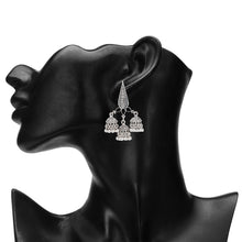 Load image into Gallery viewer, Oxidised Silver Leaf Motif Triple Jhumka Earrings with Green Accents