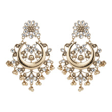 Load image into Gallery viewer, Gold-Tone Crescent Chandbali Earrings with Glass Stone Accents – Festive Ghungroo Dangler Earrings