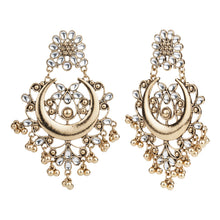 Load image into Gallery viewer, Gold-Tone Crescent Chandbali Earrings with Glass Stone Accents – Festive Ghungroo Dangler Earrings