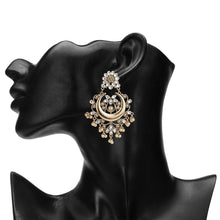 Load image into Gallery viewer, Gold-Tone Crescent Chandbali Earrings with Glass Stone Accents – Festive Ghungroo Dangler Earrings