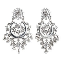 Load image into Gallery viewer, Gold-Tone Crescent Chandbali Earrings with Glass Stone Accents – Festive Ghungroo Dangler Earrings