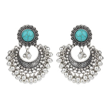 Load image into Gallery viewer, Antique Silver Turquoise Stud Chandbali Earrings – Ethnic Ghungroo Dangler Earrings