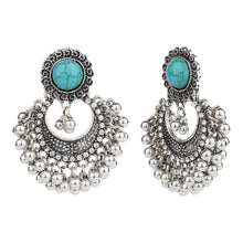 Load image into Gallery viewer, Antique Silver Turquoise Stud Chandbali Earrings – Ethnic Ghungroo Dangler Earrings
