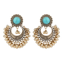 Load image into Gallery viewer, Antique Silver Turquoise Stud Chandbali Earrings – Ethnic Ghungroo Dangler Earrings