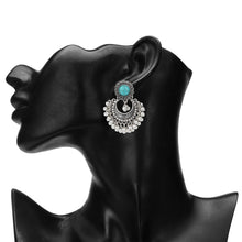 Load image into Gallery viewer, Antique Silver Turquoise Stud Chandbali Earrings – Ethnic Ghungroo Dangler Earrings