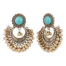 Load image into Gallery viewer, Antique Silver Turquoise Stud Chandbali Earrings – Ethnic Ghungroo Dangler Earrings