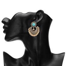 Load image into Gallery viewer, Antique Silver Turquoise Stud Chandbali Earrings – Ethnic Ghungroo Dangler Earrings