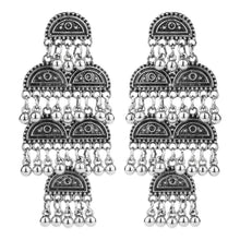 Load image into Gallery viewer, Oxidised Silver Tiered Half-Moon Dangler Earrings with Ghungroo Clusters