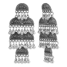 Load image into Gallery viewer, Oxidised Silver Tiered Half-Moon Dangler Earrings with Ghungroo Clusters