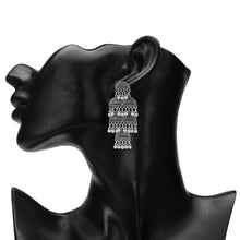 Load image into Gallery viewer, Oxidised Silver Tiered Half-Moon Dangler Earrings with Ghungroo Clusters