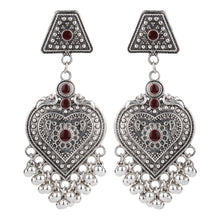 Load image into Gallery viewer, Oxidised Silver Heart Dangler Earrings with Ghungroo Cluster