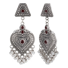 Load image into Gallery viewer, Oxidised Silver Heart Dangler Earrings with Ghungroo Cluster