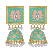 Load image into Gallery viewer, Mint Green Meenakari Lotus Kundan Jhumka Earrings