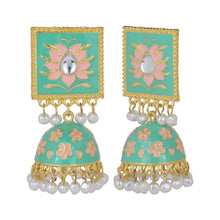 Load image into Gallery viewer, Mint Green Meenakari Lotus Kundan Jhumka Earrings