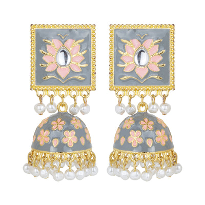 Grey Meenakari Lotus Kundan Jhumka Earrings