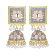 Load image into Gallery viewer, Grey Meenakari Lotus Kundan Jhumka Earrings