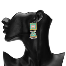 Load image into Gallery viewer, Mint Green Meenakari Lotus Kundan Jhumka Earrings