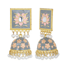 Load image into Gallery viewer, Grey Meenakari Lotus Kundan Jhumka Earrings