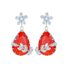 Load image into Gallery viewer, Rhodium-Plated Black Gemstone Teardrop Drop Earrings with American Diamond Leaf Accents
