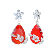 Load image into Gallery viewer, Rhodium-Plated Black Gemstone Teardrop Drop Earrings with American Diamond Leaf Accents
