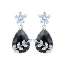 Load image into Gallery viewer, Rhodium-Plated Black Gemstone Teardrop Drop Earrings with American Diamond Leaf Accents