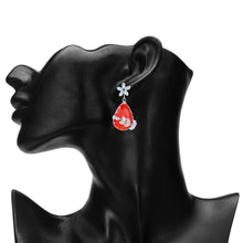 Load image into Gallery viewer, Rhodium-Plated Black Gemstone Teardrop Drop Earrings with American Diamond Leaf Accents