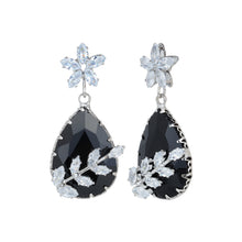 Load image into Gallery viewer, Rhodium-Plated Black Gemstone Teardrop Drop Earrings with American Diamond Leaf Accents