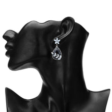 Load image into Gallery viewer, Rhodium-Plated Black Gemstone Teardrop Drop Earrings with American Diamond Leaf Accents