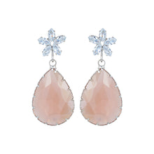 Load image into Gallery viewer, Rhodium-Plated Royal Blue Crystal Teardrop Drop Earrings with American Diamond Floral Studs