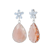 Load image into Gallery viewer, Rhodium-Plated Royal Blue Crystal Teardrop Drop Earrings with American Diamond Floral Studs