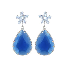 Load image into Gallery viewer, Rhodium-Plated Royal Blue Crystal Teardrop Drop Earrings with American Diamond Floral Studs