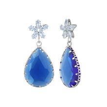 Load image into Gallery viewer, Rhodium-Plated Royal Blue Crystal Teardrop Drop Earrings with American Diamond Floral Studs