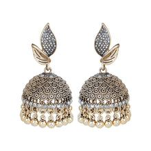 Load image into Gallery viewer, Antique Gold Jhumka Earrings with Leaf Top Studs