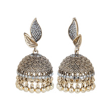 Load image into Gallery viewer, Antique Gold Jhumka Earrings with Leaf Top Studs