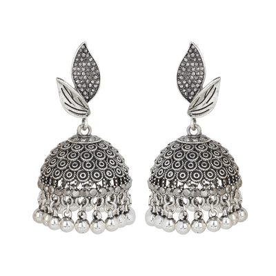 Oxidized Silver Twin-Leaf Textured Jhumka Earrings