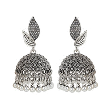 Load image into Gallery viewer, Oxidized Silver Twin-Leaf Textured Jhumka Earrings