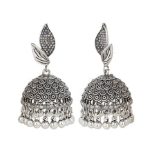 Load image into Gallery viewer, Oxidized Silver Twin-Leaf Textured Jhumka Earrings