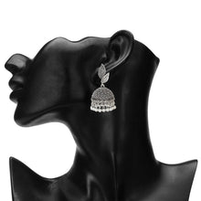 Load image into Gallery viewer, Oxidized Silver Twin-Leaf Textured Jhumka Earrings