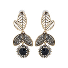Load image into Gallery viewer, Antique Gold-Toned Black Crystal Leaf Drop Earrings