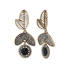 Load image into Gallery viewer, Antique Gold-Toned Black Crystal Leaf Drop Earrings