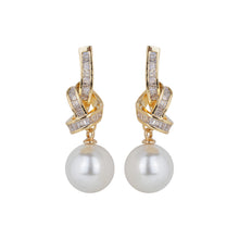 Load image into Gallery viewer, Silver-Plated Cubic Zirconia Ribbon Knot Faux Pearl Drop Earrings